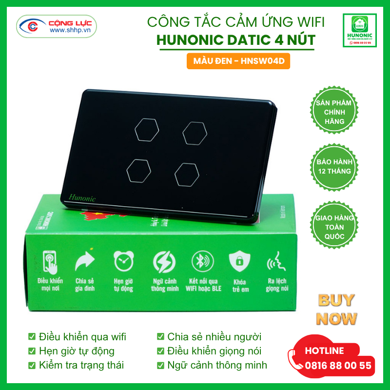 Bán Công tắc cảm ứng WiFi Hunonic Datic 4 Nút, màu Đen tại Hải Phòng